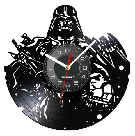Viiluuxr Science-Fiction Vinyl-Wanduhr 30 cm, Galaktisches Motiv | Schwarze Schallplattenuhr mit gepanzertem Weltraum-Motiv für Gaming-Zimmer, Heimkino und Büro