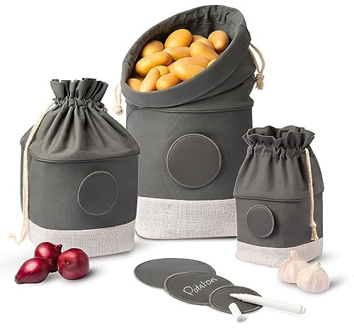 Praknu Sac de Rangement pour Pomme de Terre - Lot de 3 - Sacs de Conservation Anti-germination en Jute - Respirant & Durable - Stockage Spacieux - Étiquettes & Stylo Inclus