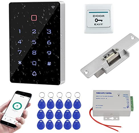 FUSYTULY Wifi Tuya Door Access Control System Kit Sets IP68 Waterproof RFID Keyboard + DC12V Power Supply Controller + NC Fail Safe Electric Strike Lock + 15pcs 125KHz Keyfobs