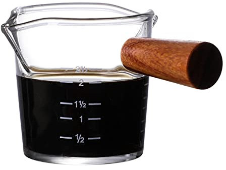 Bricco per latte in vetro, tazza da caffè, tazza da caffè con doppio beccuccio, grande tazza dosatrice in vetro borosilicato, con manico in legno (B)
