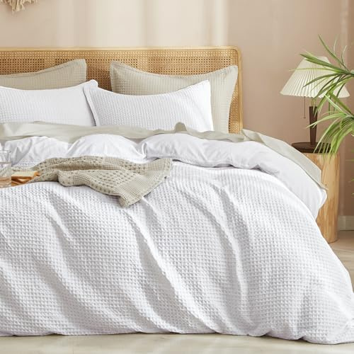PHF Waffle Weave Duvet Cover Set Queen Size, No Snagging Ultra Soft Luxury Textured Breathable Comforter Cover for All Season 3pcs, Durable Bedding Duvet Set with 2 Pillow Shams, 90x90, White