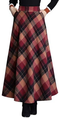 Womens Vintage Plaid A-line Long Maxi Skirt Fall Winter Swing Pleated Flared High Elastic Waisted Casual Flowy Skirt with Pockets(UK 10/Tag M,Red)