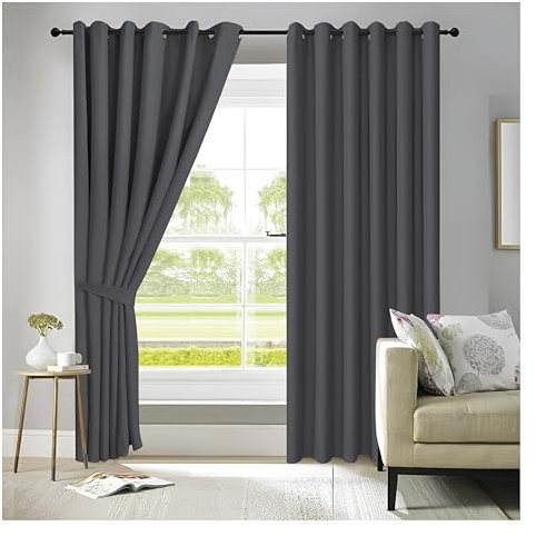 APEX FURNISHINGS Charcoal Blackout Curtains for Bedroom 108 Inch Drop Thermal Insulated Eyelet Curtains & Drapes for Window Treatment & Living Room, 2 Panels (90x108 Inches)