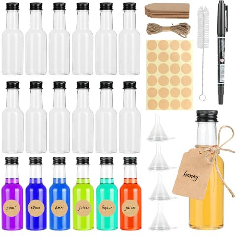 RAFIYU Kleine Flaschen zum Befüllen, 18 Stück 50ml Kunststoff Likörflaschen mit Trichter Klein, Kraftpapieretikett, Marker, Flaschenbürsten und Hanfschnur, Wiederverwendbar Mini Schnapsflaschen