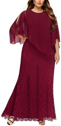 Damen-Cape-Kleid in Übergröße mit Chiffon-Overlay-Kleid, formell, Abendkleid, Spitze, lang, Meerjungfrauenkleider 2025, Burgunder, 48 Mehr