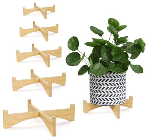 Roucerlin Lot de 5 Supports Courts en Bois pour Plantes - 5 Tailles, Support de Pot de Fleurs à Un Seul Étage, pour Intérieur et Extérieur, Style Moderne du Milieu du Siècle