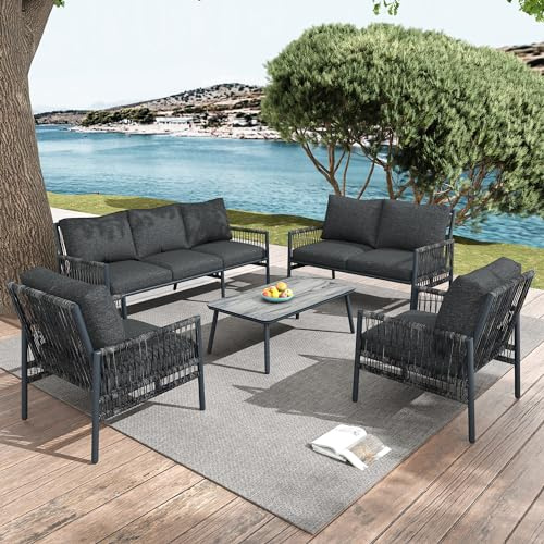 ZYLOYAL10 Gartenmöbel-Set,7 Sitzplätze, 1 Couchtisch, PE-Rattan, verzinktes Stahlrohr, gehärtetes Glas (Massivholzmaserung imitiert), Sitzkissen abnehmbar und waschbar (Grau, 7-Sitzer)