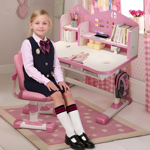 iondelce Bureau Enfant Fille 3-12 Ans, Ensemble Bureau et Chaise d'étude pour Enfants Hauteur réglable, Bureaux pour Enfants avec étagères et tiroir, pour Apprendre, Peindre, Manger, bricoler, Rose