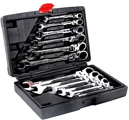 OHMG 12 Pièces Clés Plates à Cliquet, Cles à Fourches en Acier au Chrome Vanadium 8-19mm, Bricolage Jeu de Clefs Mixtes Outils avec Valise de Rangement pour Réparation de Garage Automobile (A)