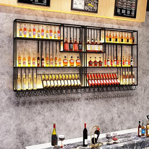 Weinregal Wand Metall mit Licht Flaschenregal Wine Rack Bar Regal Wand Schmal Weinschrank Hausbar Barschrank mit Weinglashalter Getränke Regal Mini Bar für Küche Bar Esszimmer Wohnzimmer(79*17*8IN_STY