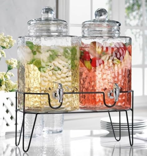 MosJos Beverage Dispensers - Set of 2 Glass Drink Dispensers with Metel Stand - 1.5-Gallon Capacity - Perfect for Lemonade, Juice, Water, Iced Tea, Punch