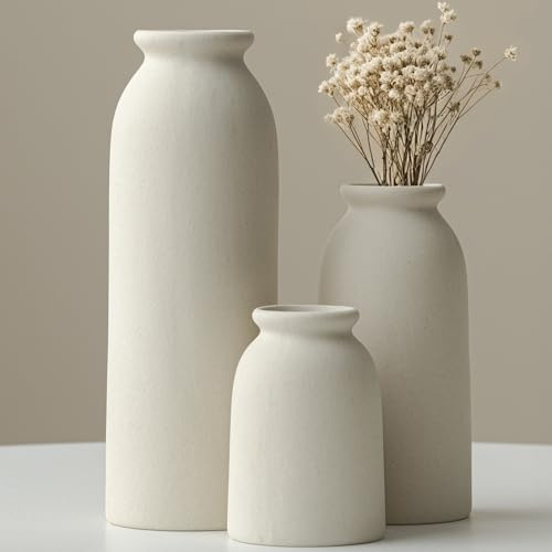 Keramik Vasen 3er-Set, Beige, Kleine Blumenvasen für Pampas Gras und Getrocknete Blumen, Moderne Rustikale Bauernhaus Deko für Regal, Tisch, Bücherregal (Beige Middle Size)