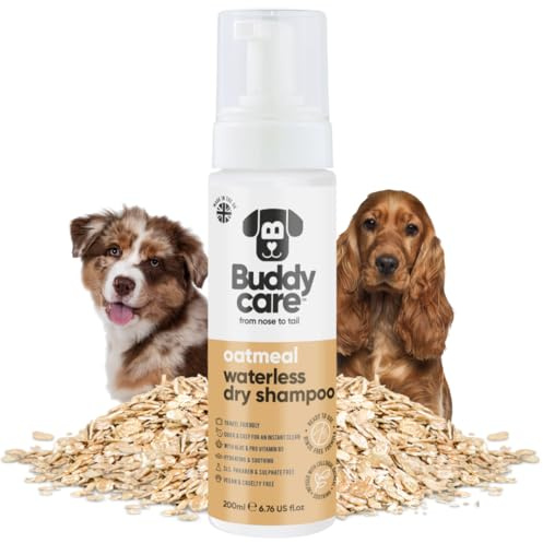 Buddycare Vattenlöst torrschampo för hundar (200 ml) | Oatmeal hundschampo utan sköljning för känslig hud | naturligt, lätt att använda torrschampo för fräsch, ren päls