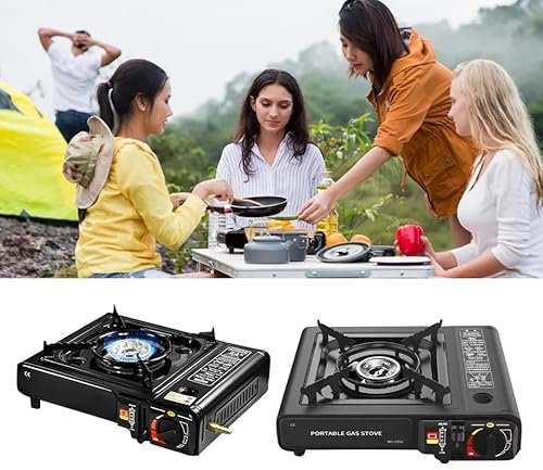Fornello a gas portatile in custodia per campeggio, barbecue, kit da campeggio, accensione automatica e controllo del calore (solo fornello)
