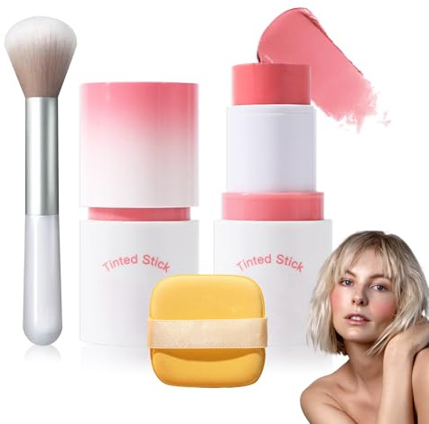 Crayon fard à joues crème avec pinceau et éponge de maquillage, imperméable à l'eau, bâton de maquillage multi-crème, léger et durable, 2 en 1 multi-blush pour joues, teint des lèvres et fard à