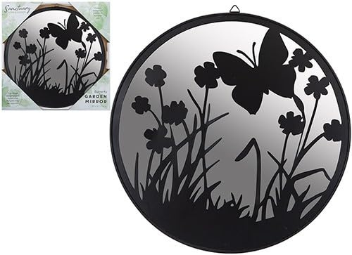 PMS Sanctuary Butterfly Garden Mirror – 30cm Round Outdoor Wall Mirror with Floral Silhouette – Decorative Weather-Resistant Feature for Garden, Patio or Fence