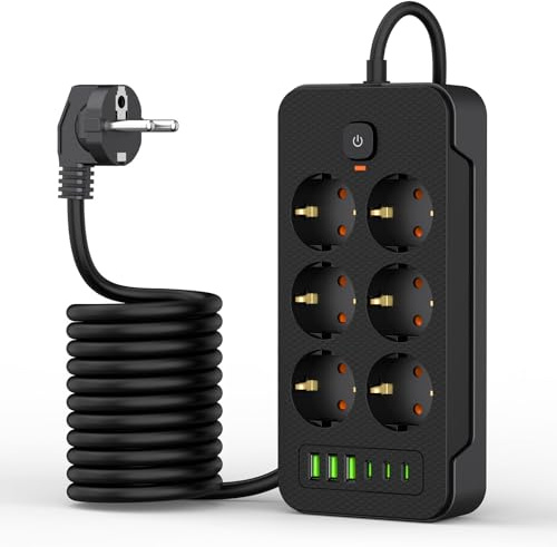 Mehrfachsteckdose mit USB C, SNYZPN Steckdosenleiste mit Schalter 6 Fach, 2M Kabel Verlängerungskabel mit Steckerleiste Überspannungsschutz, 3680W Wandmontage, für Büro Schreibtisch Schwarz