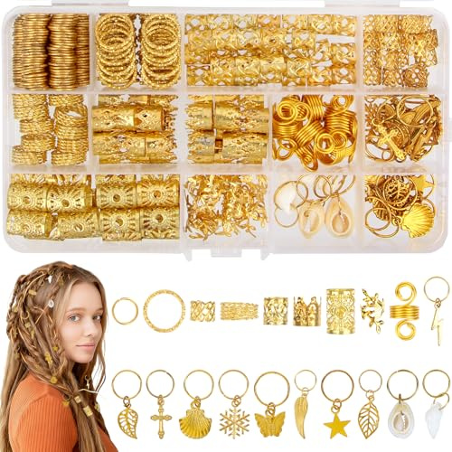 362 Piezas Adornos para el Pelo Oro, 20 Diseños Adornos Pelo Oro Accesorios Pelo Mujer para Trenzas/Dreadlocks, Clips Espirales, Charms, Ideal DIY Festivales