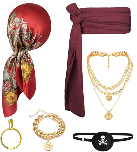 Alaoo Kit Accessori Pirata,6pcs Capitano Pirata Costume Accessori, Rosso
