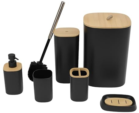 DIVCHI 6 Pieces Bathroom Accessories Set Luxury Accessory Sets Bathroom Bin And Toilet Brush Set Toothbrush Holder Tumbler Soap Dish Trash Can Soap Dispenser Bath Set Gift (Black)