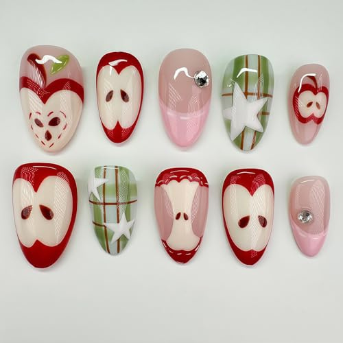 Auroriel 24 Pieces Medium Almond Press on Nails French Tip with Apple Design & 3D Star Grid Rhinestones Reusable Acrylic Fake Nails Full Cover for Women Party Daily Use