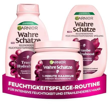 Garnier Wahre Schätze Traube Hydraboost Haarpflege-Set, mit Traubenwasser, für mehr Feuchtigkeit und Glanz, mit Shampoo, Spülung, 1-Minute Haarkur