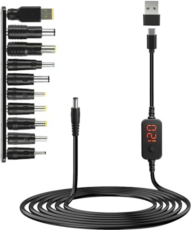 USB C PD to DC Adapter Power Cable Charger 5V 9V 12V 15V 20V Adjustable Voltage Type C Male to 5.5 X 2.1mm DC Male Plug 60W Universal Charging Power Supply Cord with 10 DC Conversion Heads (1.2m)