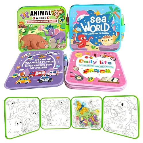 Reusable Water Painting Books for Kids – Magic Water Reveal Coloring Books with Water Pens, No-Mess Coloring Book, Portable Educational Doodle Drawing Toy, Fun Travel Activity (4Pcs)
