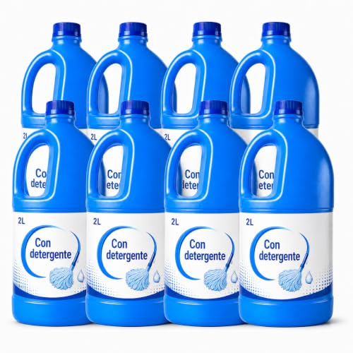 Lejía con Detergente, 8 Botellas de 2L, 16L para Suelos y Baños del Hogar | Formato ahorro con asa para cocinas, zonas de paso y superficies del hogar.