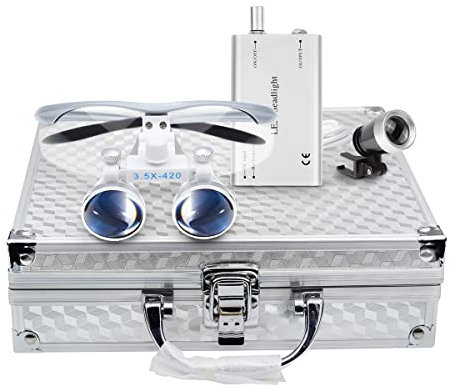 BoNew Dental 3,5 x 420 mm chirurgisches Fernglaslupes-Set mit LED-Kopflicht, silberfarbene Aluminiumbox