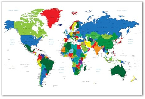 Postereck - 0666 - Politische Weltkarte, Land Hauptstadt Kontinent - Unterricht Klassenzimmer Schule Wandposter Fotoposter Bilder Wandbild Wandbilder - Poster - DIN A2-42,0 cm x 59,4 cm