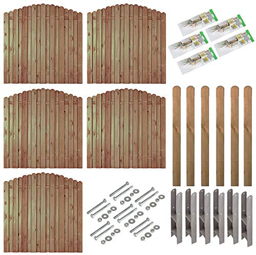 Sichtschutzzaun Bogen Komplettset 9,5 m – 5x Holzzaun 180x180/160 cm mit Pfosten 9x9 cm, H-Pfostenträger & Montagematerial, druckimprägniert Bochum