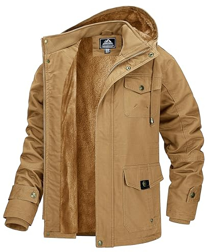 MAGCOMSEN Herren Jacke Winterparka Gefüttert Winddichte Fleecejacken Cargo Abnehmbarer Kapuze Winter Verdickt Winterjacke mit Vielen Tasche Khaki 3XL