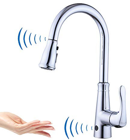 GEOATON Robinet d'évier de cuisine sans contact à deux capteurs automatiques avec bec pivotant à levier unique