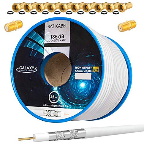 Cable coaxial SAT de 135dB 25m CCS PRO Cable de antena coaxial blanco blindado de 5 vías acero cobre para sistemas DVB-S / S2 DVB-C/T + conector F 10x Y conector F 2X gratis
