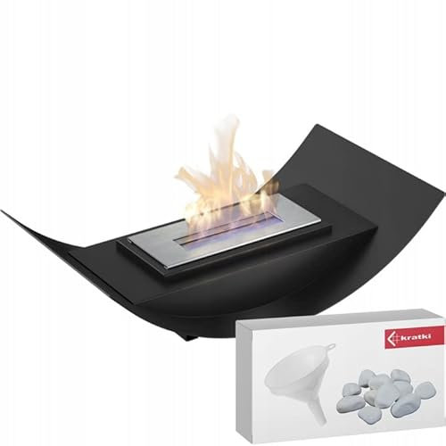 KRATKI Biomisa Mini Chimenea de Bioetanol + Guijarros + Embudo de Llenado Cuenco Independiente con Biocontenedor 0,25 l Certificado TÜV, Acero con Recubrimiento en Polvo, Negro, 13 x 47 cm