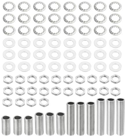 sourcing map Tige Filetée Creuse Lumiere Tuyaus avec Encoches Écrous Rondelles 4 Dimension 1/8IP Filetage Fixations Assortiment pour Luminaire Plafonnier Réparation Assemblage Coffret de 84