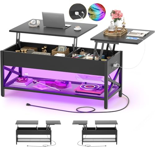 Aheaplus Black Lift-Top Coffee Table with LED Light, Power Outlets and Storage Shelf, 41.7W x 19.69L x 19.7H
