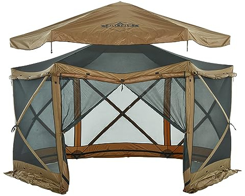 Hike Crew 13’ x 13’ Screened Roof Pop-Up Gazebo Screen Tent | 6-Sided Outdoor Canopy Shelter w/Roof Cover, Built-in Zippered Panels, Built-in Awning, Stakes, Ropes & Carry Bag | UV Resistant SPF 50+