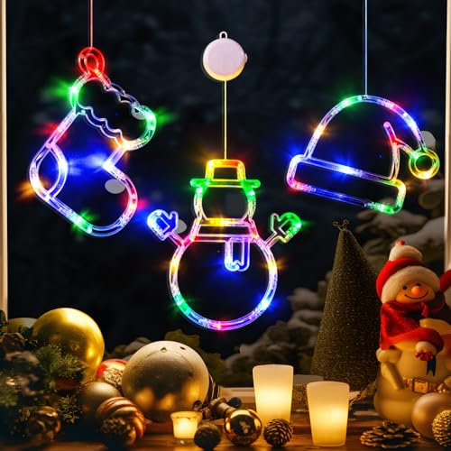 LOLStar Weihnachtsdeko, 3er-Pack Mehrfarbig Weihnachtsstrumpf, Schneemann, Weihnachtsmann Mütze Lichter Lights with Suction Cup batterie, Weihnachtsfenster lichter, Timer und Langsam Fade Modus