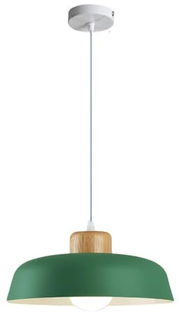 EKSED 300 mm runde Pendelleuchte mit Metallschirm in Macaron-Farbe, moderne, schlichte Holzoptik, E27-Loft-Bar-Decken-Hängelampe, Kücheninsel-Esszimmer-Kronleuchter (Grün)