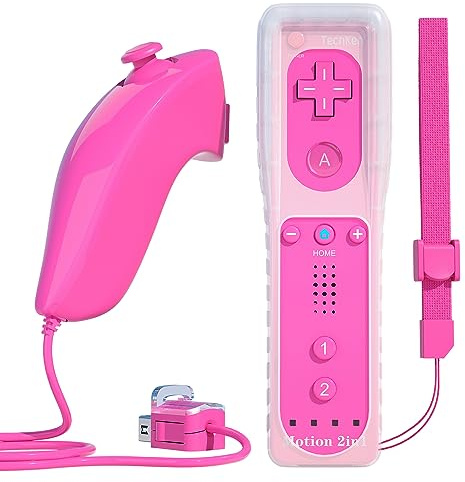 TechKen Remote Controller for Wii, Built-in 2 in 1 Motion Plus with Silicon Case and Nunchuck (Pink)
