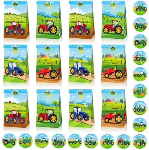 Bikasun Traktor Geschenktüten - 12 Stück mit 18 Aufkleber - Mitgebsel Tüten für Kindergeburtstage