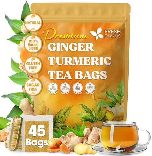 FreshDrinkUS, Premium 45 Ginger Turmeric Tea Bags, 100% Natural Ingredients, Hand-made Blend of Ginger and Turmeric Herbal Tea, Eco-conscious Tea Bags. No Sugar, No Caffeine, No Gluten, Vegan.