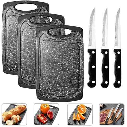 3 Stücke Schneidebrett Kunststoff mit 3 Stücke steakmesser, mit Saftrillen und Rutschfeste Griffe, Cutting Board, BPA-frei, Brettchen Set Kunststoff Spülmaschinenfest
