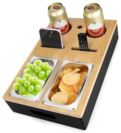 Couchbar Snackbox mit Getränkehalter, Couch bar Wood as Beer Gifts for Men, Sofa Tray with Two Snack Bowls and Multiple Storage Places