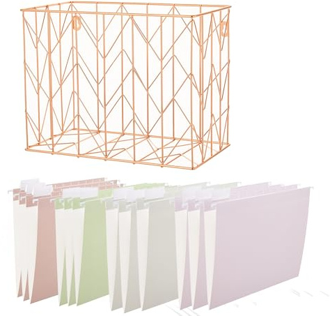 Fei Bi Hanging rose gold file organizer with 12 letter sized hanging folders, file basket, file box, storage box, office and school supplies