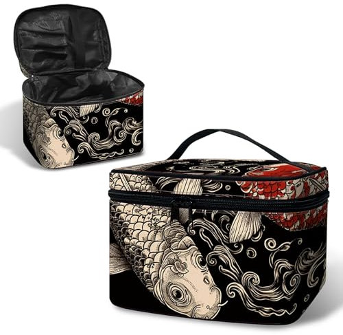 BWEGRHE Bolsa de cosméticos de piel sintética para viaje con correa de muñeca desmontable, Carpa Koi, L