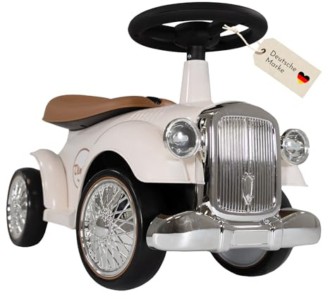 Lemodo Rutschauto weiß ab 1 Jahr für Kinder, Retro Rutschfahrzeug und Kinderfahrzeug aus Kunststoff mit sehr leisen Flüsterreifen, Hupe und Staufach unter dem Sitz, max. 25 kg Belastbarkeit