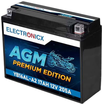 Electronicx YB16AL-A2 AGM 12V 17Ah 205A Batterie moto – Durable, haute qualité, scellée, sans entretien et étanche pour moto, scooter, quad, motoneige, jetski – 206×70×163 mm